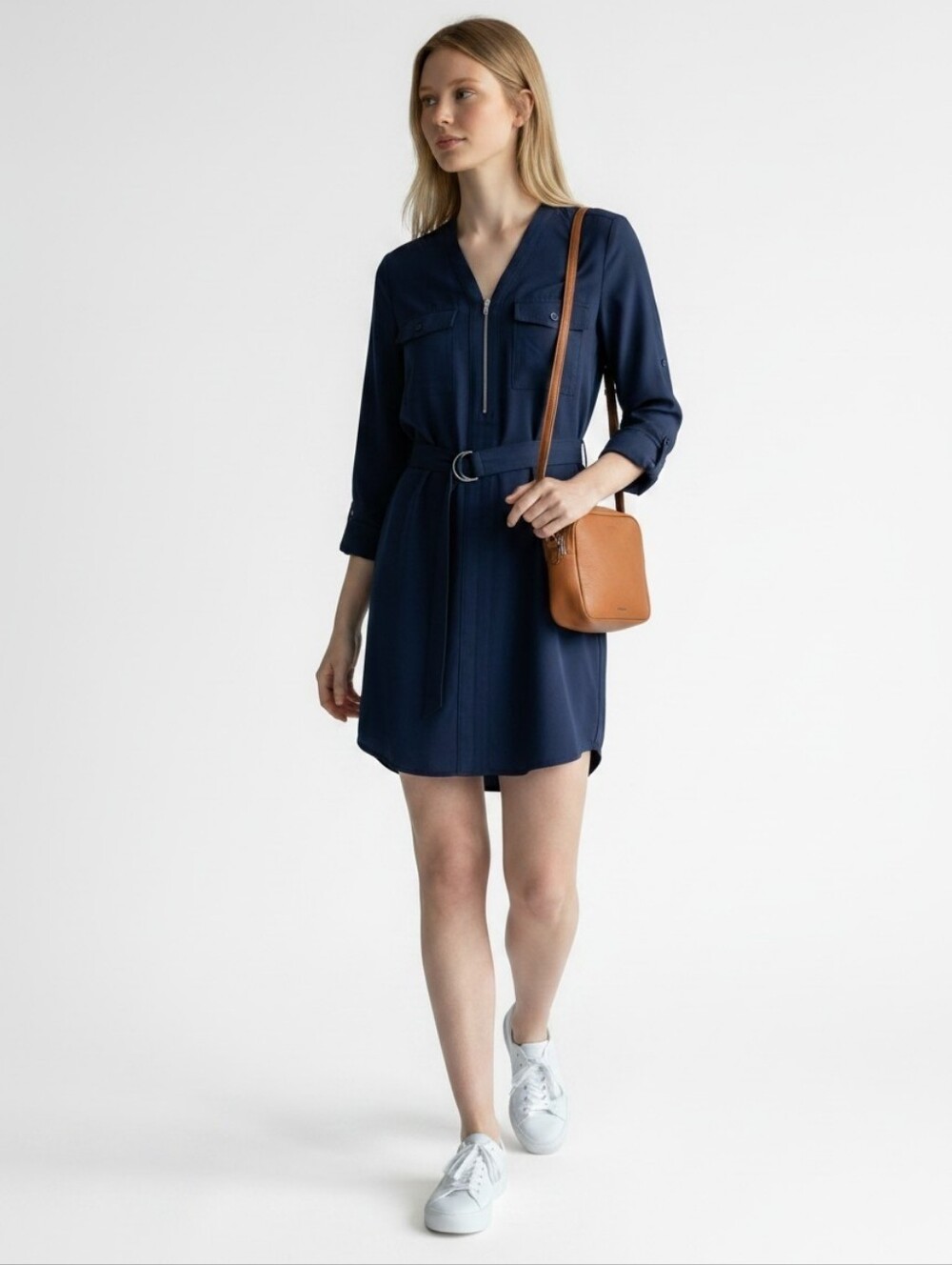 Express Navy Zip-Front Shirt Dress with Belt
